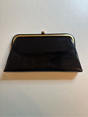 Vintage Bobbie Jerome Classic Black Patent Frame Clutch with Gold Accent